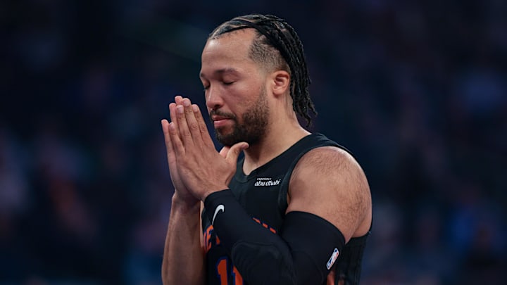New York Knicks guard Jalen Brunson (11) reflects before the game against the Toronto Raptors at Madison Square Garden.