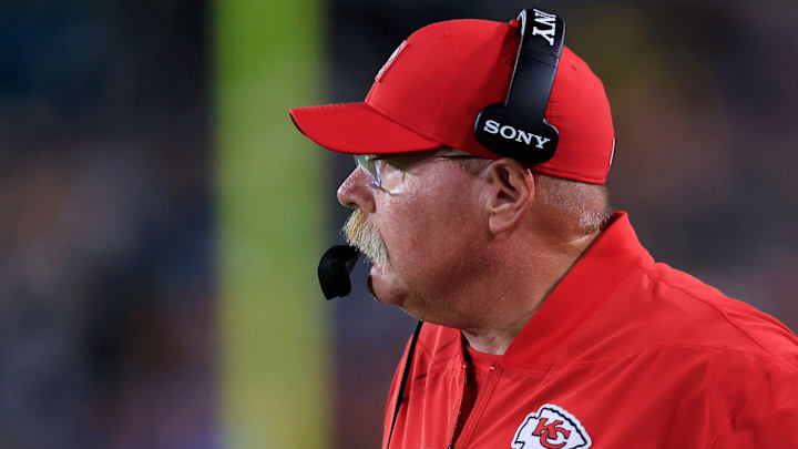 Kansas City Chiefs head coach Andy Reid looks on during the first quarter of an NFL football matchup at EverBank Stadium, Monday, Oct. 6, 2025, in Jacksonville, Fla. The Jacksonville Jaguars edged the Kansas City Chiefs 31-28. [Corey Perrine/Florida Times-Union]