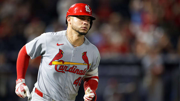 Aug 21, 2025; Tampa, Florida, USA; St. Louis Cardinals first baseman Willson Contreras (40) runs the bases after hitting a home run against the Tampa Bay Rays in the seventh inning at George M. Steinbrenner Field. Mandatory Credit: Nathan Ray Seebeck-Imagn Images