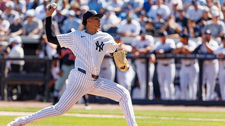 Feb 21, 2026; Tampa, Florida, USA; New York Yankees pitcher Carlos Lagrange (84) throws a pitch against the Detroit Tigers during the second inning in a Spring Training game at George M. Steinbrenner Field. Mandatory Credit: Morgan Tencza-Imagn Images