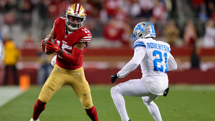 Dec 30, 2024; Santa Clara, California, USA; San Francisco 49ers wide receiver Jauan Jennings (15) during the game against the Detroit Lions at Levi's Stadium. Mandatory Credit: Sergio Estrada-Imagn Images