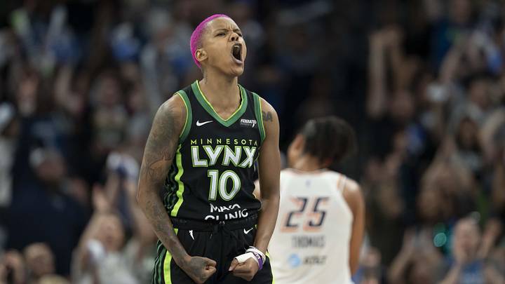 Sep 21, 2025; Minneapolis, Minnesota, USA;  Minnesota Lynx guard Courtney Williams (10) celebrates making a shot against the Phoenix Mercury in the second half during game one of the second round for the 2025 WNBA Playoffs at Target Center. Mandatory Credit: Jesse Johnson-Imagn Images