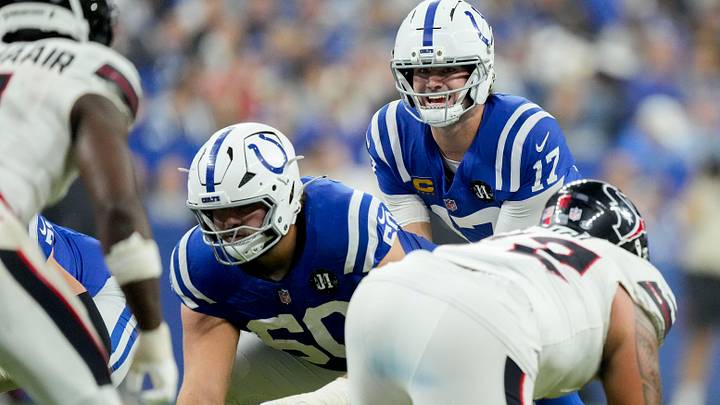 Indianapolis Colts quarterback Daniel Jones (17) looks over the line before snapping the play Sunday, Nov. 30, 2025, during a game against the Houston Texans at Lucas Oil Stadium in Indianapolis. Indianapolis Colts quarterback Daniel Jones (17) looks over the line before snapping the play Sunday, Nov. 30, 2025, during a game against the Houston Texans at Lucas Oil Stadium in Indianapolis.