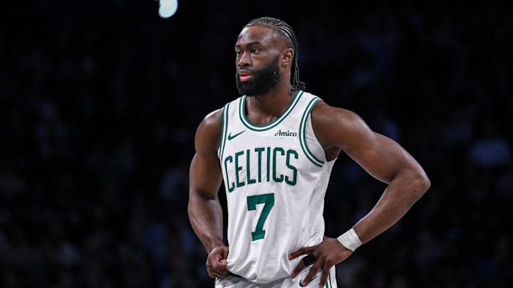 Mar 15, 2025; Brooklyn, New York, USA; Boston Celtics guard Jaylen Brown (7) during a game against the Brooklyn Nets at Barclays Center. Mandatory Credit: John Jones-Imagn Images