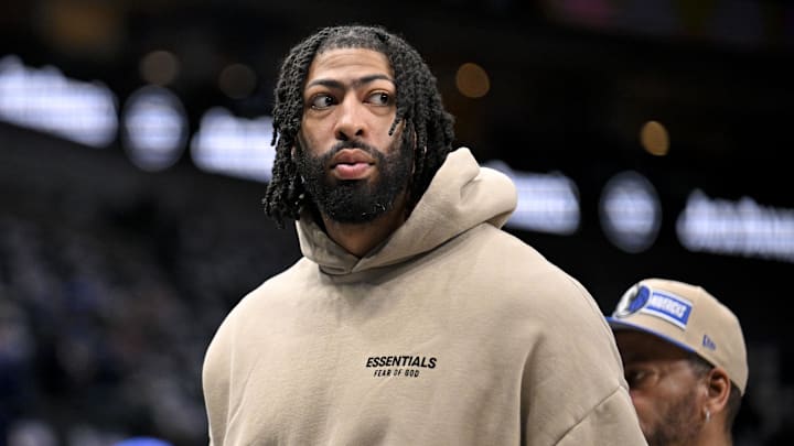 Mar 21, 2025; Dallas, Texas, USA; Dallas Mavericks forward Anthony Davis (3) watches team warm ups before the game between the Dallas Mavericks and the Detroit Pistons at the American Airlines Center. Mandatory Credit: Jerome Miron-Imagn Images