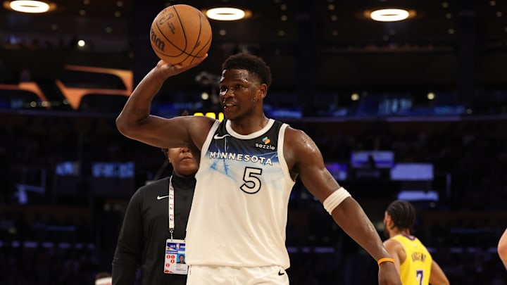 Feb 27, 2025; Los Angeles, California, USA; Minnesota Timberwolves guard Anthony Edwards (5) reacts after being ejected during the third quarter against the Los Angeles Lakers at Crypto.com Arena.