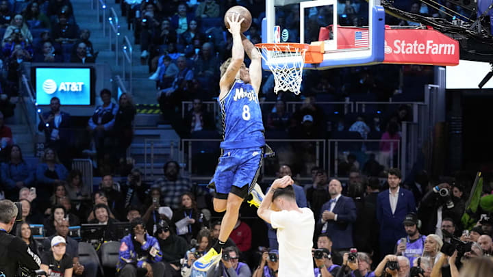 Mac McClung competes in the slam dunk competition during All Star Weekend on Feb 15, 2025.