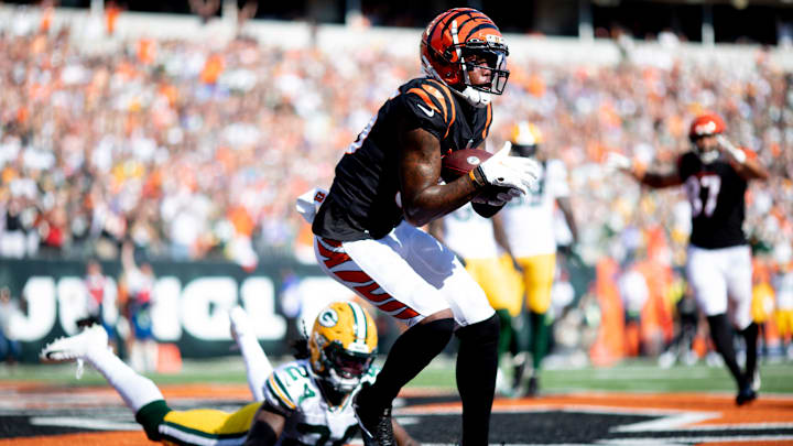 Cincinnati Bengals wide receiver Tee Higgins (85) catches a two point conversion as Green Bay Packers cornerback Isaac Yiadom (24) had attempted to stop him to tie the NFL football game between the Cincinnati Bengals and the Green Bay Packers 22-22 in the fourth quarter on Sunday, Oct. 10, 2021, at Paul Brown Stadium in Cincinnati.
Green Bay Packers At Cincinnati Bengals 55 Cincinnati Bengals wide receiver Tee Higgins (85) catches a two point conversion as Green Bay Packers cornerback Isaac Yiadom (24) had attempted to stop him to tie the NFL football game between the Cincinnati Bengals and the Green Bay Packers 22-22 in the fourth quarter on Sunday, Oct. 10, 2021, at Paul Brown Stadium in Cincinnati.
Green Bay Packers At Cincinnati Bengals 55