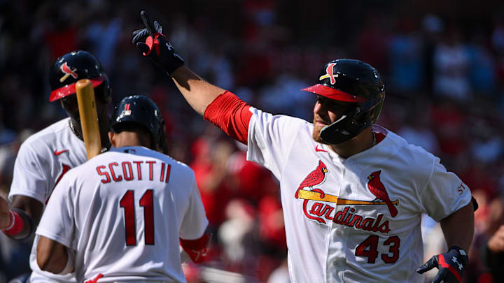 Mar 29, 2026; St. Louis, Missouri, USA; St. Louis Cardinals catcher Pedro Pagés (43) reacts after hitting a two run home run against the Tampa Bay Rays during the eighth inning at Busch Stadium. Mandatory Credit: Jeff Curry-Imagn Images