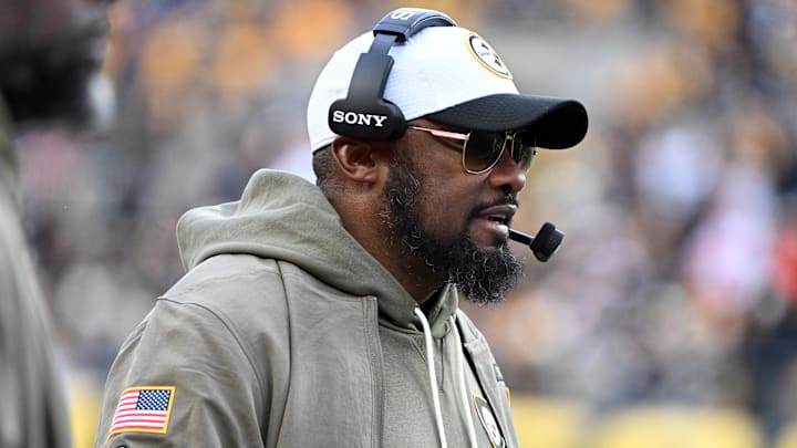 Nov 16, 2025; Pittsburgh, Pennsylvania, USA; Pittsburgh Steelers head coach Mike Tomlin looks on during the second half at Acrisure Stadium. Mandatory Credit: Barry Reeger-Imagn Images