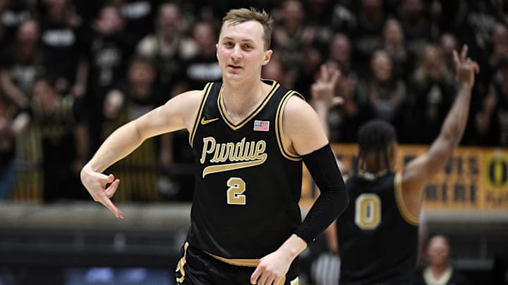 Purdue Boilermakers guard Fletcher Loyer (2) celebrates a three-point basket