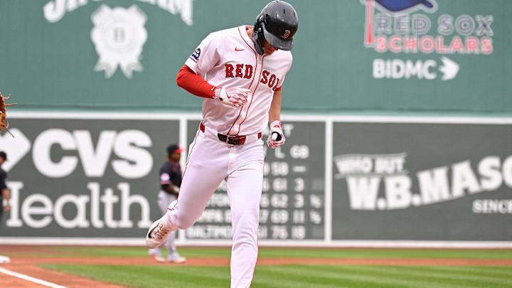 Sep 1, 2025; Boston, Massachusetts, USA; Boston Red Sox right fielder Roman Anthony (19) scores a run on a ball by Cleveland Guardians starting pitcher Parker Messick (77) (not pictured) during the first inning at Fenway Park. Mandatory Credit: Eric Canha-Imagn Images