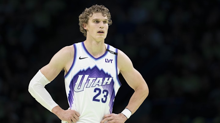 Nov 7, 2025; Minneapolis, Minnesota, USA; Utah Jazz forward Lauri Markkanen (23) looks on against the Minnesota Timberwolves in the first half at Target Center. Mandatory Credit: Jesse Johnson-Imagn Images