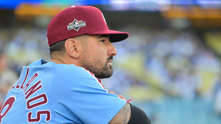 Oct 8, 2025; Los Angeles, California, USA; Philadelphia Phillies right fielder Nick Castellanos (8) looks on before the game against the Los Angeles Dodgers during game three of the NLDS round for the 2025 MLB playoffs at Dodger Stadium. Mandatory Credit: Jayne Kamin-Oncea-Imagn Images