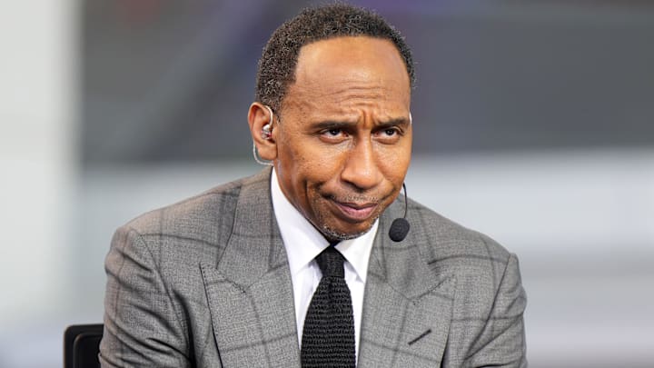 Oct 23, 2024; Inglewood, California, USA; Stephen A. Smith (Stephen Smith) on the ESPN NBA Countdown live set at Intuit Dome. Mandatory Credit: Kirby Lee-Imagn Images