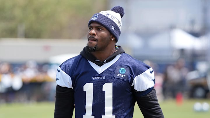 Jul 26, 2025; Oxnard, CA, USA; Dallas Cowboys defensive end Micah Parsons (11) at training camp at the River Ridge Fields. 