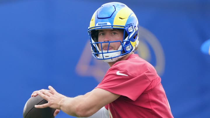 Jun 3, 2025; Woodland Hills, CA, USA; Los Angeles Rams quarterback Matthew Stafford (9) throws the ball during organized team activities at Rams Practice Facility. Mandatory Credit: Kirby Lee-Imagn Images Jun 3, 2025; Woodland Hills, CA, USA; Los Angeles Rams quarterback Matthew Stafford (9) throws the ball during organized team activities at Rams Practice Facility. Mandatory Credit: Kirby Lee-Imagn Images