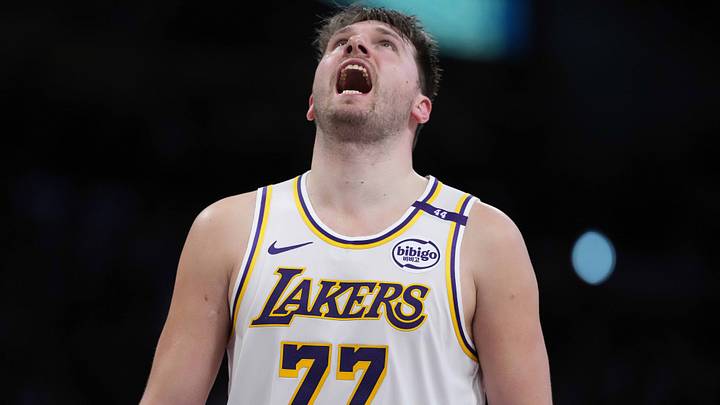 Mar 16, 2025; Los Angeles, California, USA; Los Angeles Lakers guard Luka Doncic (77) reacts against the Phoenix Suns in the second half at Crypto.com Arena. Mandatory Credit: Kirby Lee-Imagn Images
