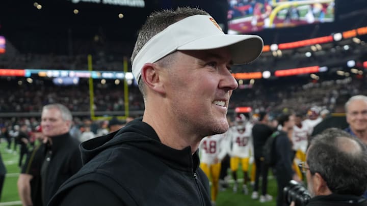 Dec 27, 2024; Las Vegas, NV, USA; Southern California Trojans head coach Lincoln Riley reacts after the game against the Texas A&M Aggies at Allegiant Stadium. Mandatory Credit: Kirby Lee-Imagn Images