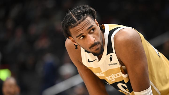 Feb 8, 2026; Washington, District of Columbia, USA;  Washington Wizards center Alex Sarr (20) looks up during a free throw against the Miami Heat during the third quarter at Capital One Arena. Mandatory Credit: Rafael Suanes-Imagn Images