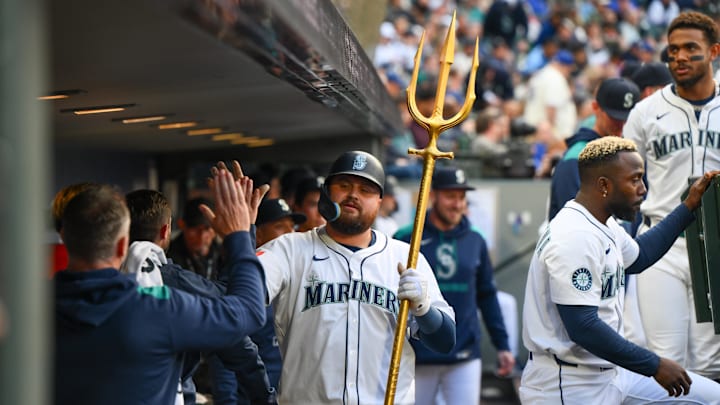 Seattle Mariners first baseman Rowdy Tellez (center) celebrates after hitting a home run against the Toronto Blue Jays on May 10 at T-Mobile Park. Seattle Mariners first baseman Rowdy Tellez (center) celebrates after hitting a home run against the Toronto Blue Jays on May 10 at T-Mobile Park.