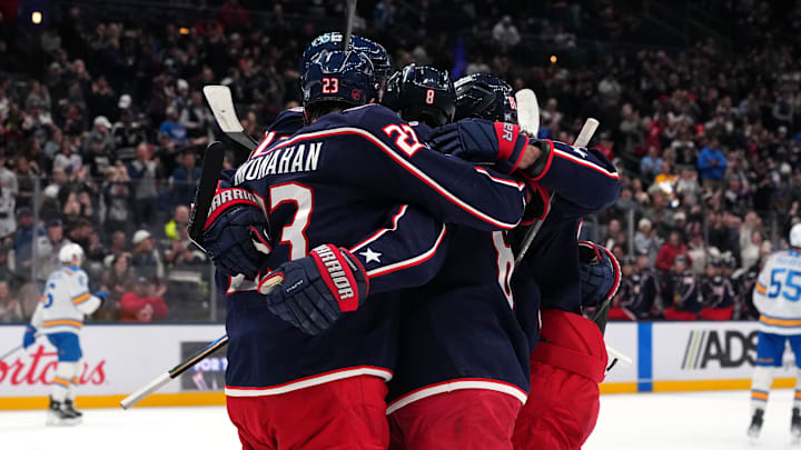 The Blue Jackets celebrate Zach Werenski's second period goal against the St Louis Blues.
