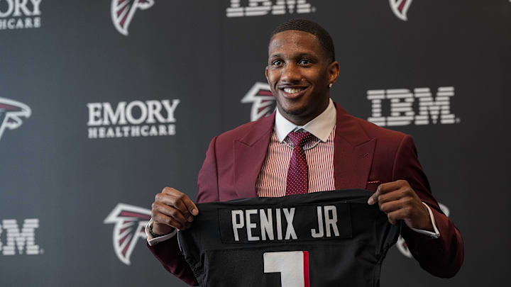 Apr 26, 2024; Flowery Branch, GA, USA; Atlanta Falcons first round draft pick quarterback Michael Penix Jr talks to the media at a press conference introducing him at the Falcons training complex. Mandatory Credit: Dale Zanine-Imagn Images
