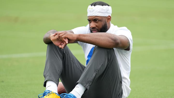 Jun 13, 2023; Costa Mesa, CA, USA; Los Angeles Chargers receiver Mike Williams (81) reacts during minicamp