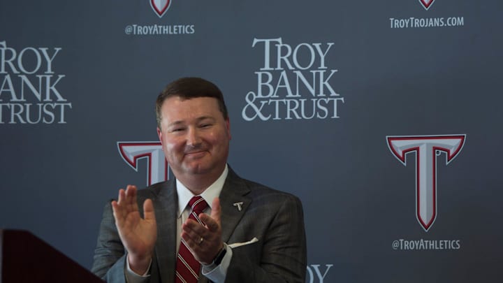 New athletic director Brent Jones claps along with the fight song during his introductory press conference at Troy football stadium  in Troy, Ala., on Wednesday, June 12, 2019.

Jc Troyjones 20