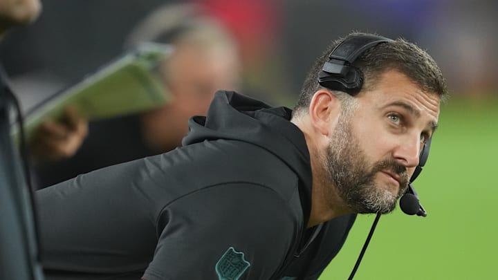 Aug 9, 2024; Baltimore, Maryland, USA; Philadelphia Eagles head coach Nick Sirianni looks at the scoreboard in the fourth quarter against the Baltimore Ravens at M&T Bank Stadium. Mandatory Credit: Mitch Stringer-USA TODAY Sports