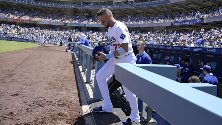 Jul 6, 2025; Los Angeles, California, USA;  Los Angeles Dodgers second baseman Miguel Rojas (72) enters the field for the fourth inning against the Houston Astros at Dodger Stadium. Mandatory Credit: Jayne Kamin-Oncea-Imagn Images