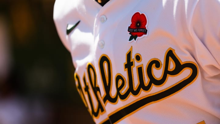 May 30, 2022; Oakland, California, USA Oakland Athletics displays an embroidered logo on their