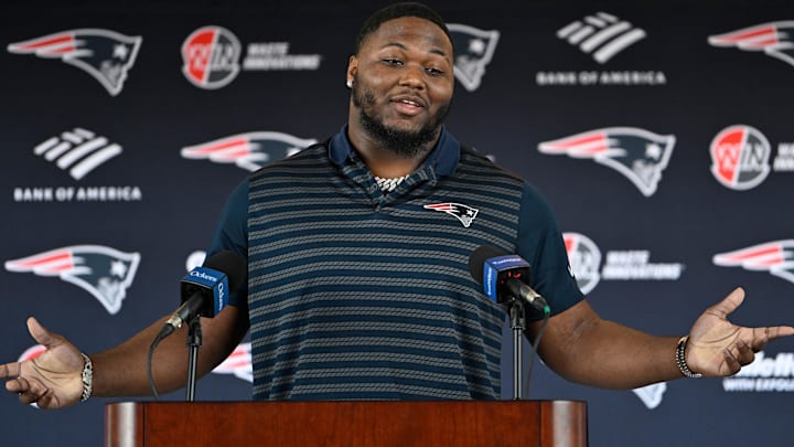 Mar 13, 2025; Foxborough, MA, USA; New England Patriots defensive tackle Milton Williams discusses his recent free agent addition to the Patriots with the media at Gillette Stadium. 