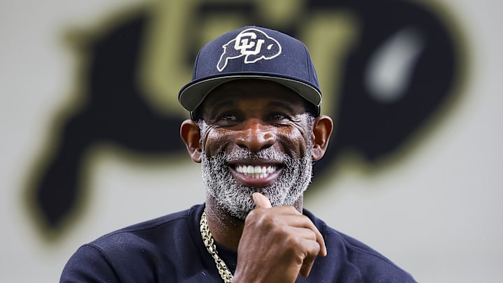 Colorado Buffaloes head coach Deion Sanders watches as his players go through drills at the University of Colorado.