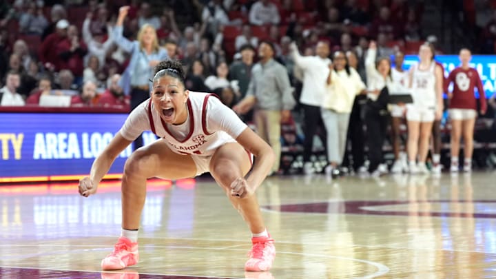 Oklahoma freshman Brooklyn Stewart celebrates during a contest at the Lloyd Noble Center. Oklahoma freshman Brooklyn Stewart celebrates during a contest at the Lloyd Noble Center.