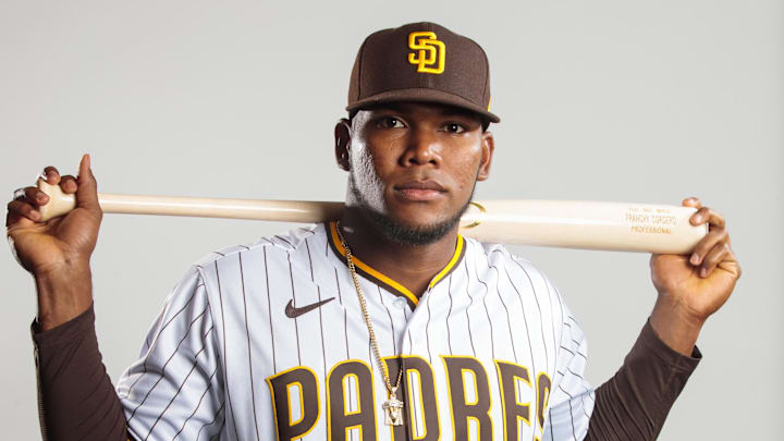 San Diego Padres outfielder Franchy Cordero poses for a portrait during media day at Peoria Sports Complex. 
