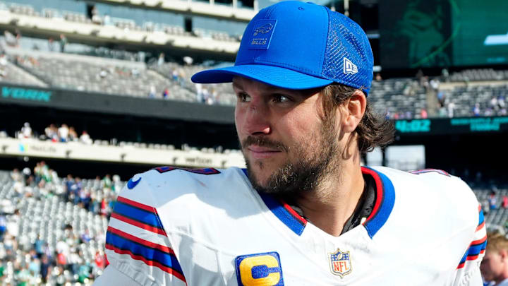 Buffalo Bills quarterback Josh Allen (17) is shown after the game as he waits for an interview begin, Sunday, September 14, 2025, in East Rutherford. Buffalo Bills quarterback Josh Allen (17) is shown after the game as he waits for an interview begin, Sunday, September 14, 2025, in East Rutherford.