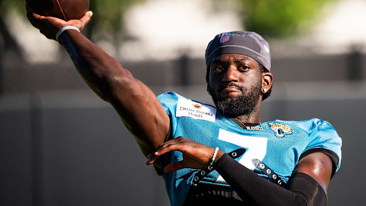 Jacksonville Jaguars wide receiver Brian Thomas Jr. (7) throws the ball during an NFL training camp fifth session at the Miller Electric Center, Monday, July 28, 2025, in Jacksonville, Fla. [Doug Engle/Florida Times-Union]