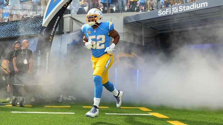 Sep 29, 2024; Inglewood, California, USA; Los Angeles Chargers linebacker Khalil Mack (52) enters the field before the game against the Kansas City Chiefs at SoFi Stadium. Mandatory Credit: Kirby Lee-Imagn Images Sep 29, 2024; Inglewood, California, USA; Los Angeles Chargers linebacker Khalil Mack (52) enters the field before the game against the Kansas City Chiefs at SoFi Stadium. Mandatory Credit: Kirby Lee-Imagn Images