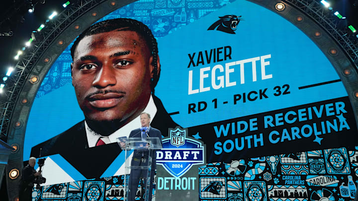 Apr 25, 2024; Detroit, MI, USA; NFL commissioner Roger Goodell announces South Carolina Gamecocks receiver Xavier Legette as the No. 32 pick of the first round by the Carolina Panthers during the 2024 NFL Draft at Campus Martius Park and Hart Plaza. Mandatory Credit: Kirby Lee-Imagn Images