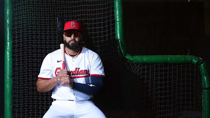 Goodyear, AZ, USA; Cleveland Guardians outfielder Johnathan Rodriguez (30) poses for a photo during MLB Media Day at Cleveland Guardians Spring Training Facility.