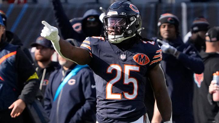 Chicago Bears running back Kyle Monangai (25) reacts after making a first down against the New Orleans Saints during the second half at Soldier Field. Mandatory Credit: David Banks-Imagn Images