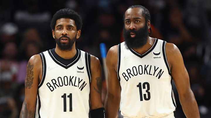 Feb 1, 2022; Phoenix, Arizona, USA; Brooklyn Nets guard Kyrie Irving (11) and guard James Harden (13) against the Phoenix Suns at Footprint Center. Mandatory Credit: Mark J. Rebilas-Imagn Images Feb 1, 2022; Phoenix, Arizona, USA; Brooklyn Nets guard Kyrie Irving (11) and guard James Harden (13) against the Phoenix Suns at Footprint Center. Mandatory Credit: Mark J. Rebilas-Imagn Images