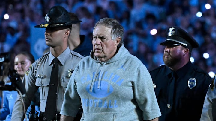 Sep 1, 2025; Chapel Hill, North Carolina, USA; North Carolina Tar Heels head coach Bill Belichick walks on to the field before the game at Kenan Stadium. Mandatory Credit: Bob Donnan-Imagn Images