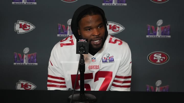 Feb 6, 2024; Las Vegas, NV, USA; San Francisco 49ers linebacker Dre Greenlaw (57) during a press
