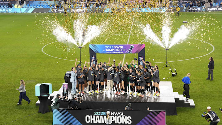 Nov 22, 2025; San Jose, California, USA; Gotham FC players celebrate after defeating the Washington Spirit in the NWSL championship game at PayPal Park. Mandatory Credit: Darren Yamashita-Imagn Images