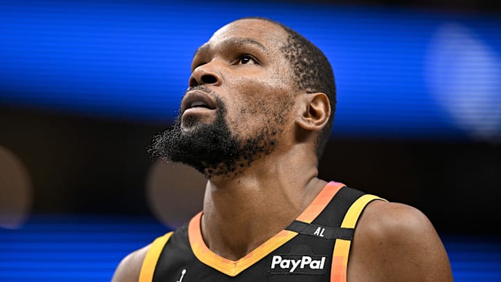 Mar 9, 2025; Dallas, Texas, USA; Phoenix Suns forward Kevin Durant (35) looks on during the second quarter against the Dallas Mavericks at the American Airlines Center. Mandatory Credit: Jerome Miron-Imagn Images