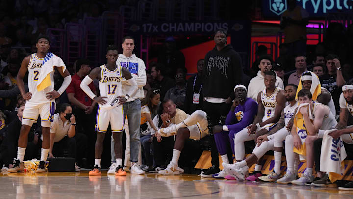May 20, 2023; Los Angeles, California, USA; Los Angeles Lakers forward Rui Hachimura (28), guard Dennis Schroder (17), guard Lonnie Walker IV (4), guard Austin Reaves (15)  and forward Anthony Davis (3) watch from the bench in the fourth quarter against the Denver Nuggets during game three of the Western Conference Finals for the 2023 NBA playoffs at Crypto.com Arena. Mandatory Credit: Kirby Lee-Imagn Images
