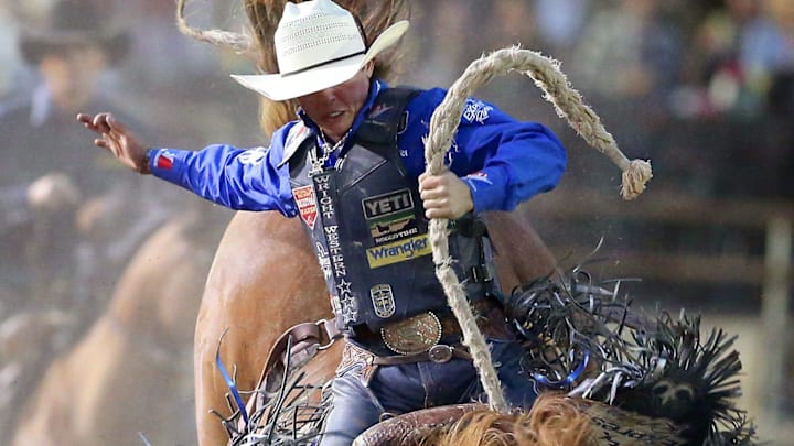 Saddle bronc rider Stetson Wright, of Milford, UT, rides a horse named Honeymoon during the Kitsap Stampede on Wednesday, August 25, 2021.
Standalone For Print Stampede 08 Saddle bronc rider Stetson Wright, of Milford, UT, rides a horse named Honeymoon during the Kitsap Stampede on Wednesday, August 25, 2021.
Standalone For Print Stampede 08