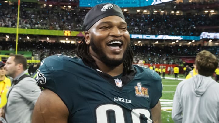 Feb 9, 2025; New Orleans, LA, USA; Philadelphia Eagles defensive end Jalen Carter (98) celebrates after defeating the Kansas City Chiefs during Super Bowl LIX at Ceasars Superdome. Feb 9, 2025; New Orleans, LA, USA; Philadelphia Eagles defensive end Jalen Carter (98) celebrates after defeating the Kansas City Chiefs during Super Bowl LIX at Ceasars Superdome.